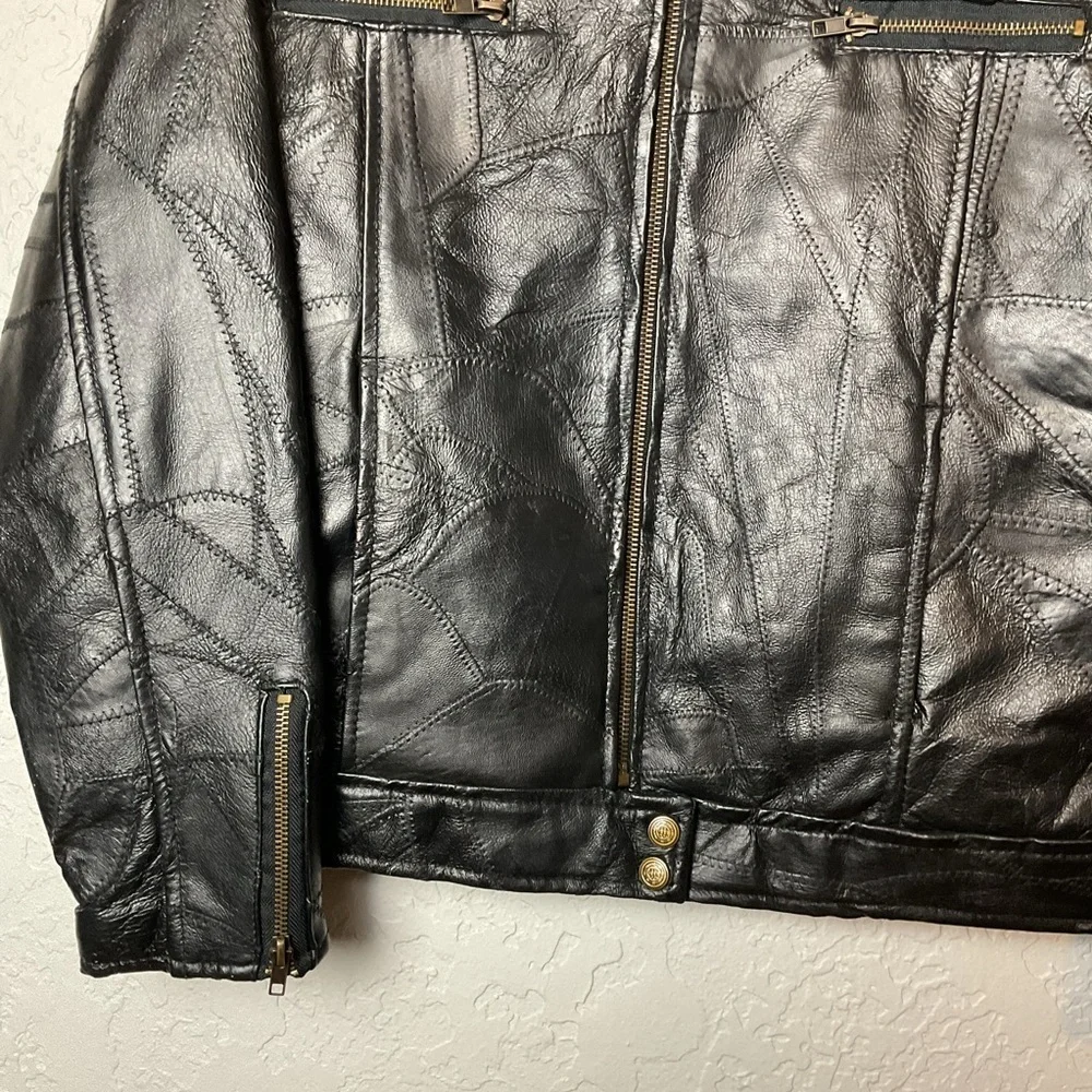 M. Collection Women’s Black Leather Patchwork Zip Up Bomber Jacket Sz Med